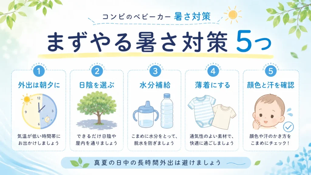 コンビのベビーカーでまずやる暑さ対策5つの図解