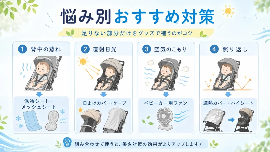 コンビのベビーカー暑さ対策を悩み別にまとめた図解